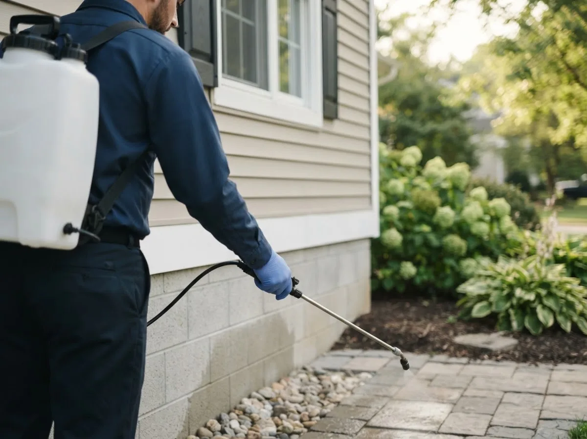 Pest control technician inspecting a home in Ogdensburg, WI